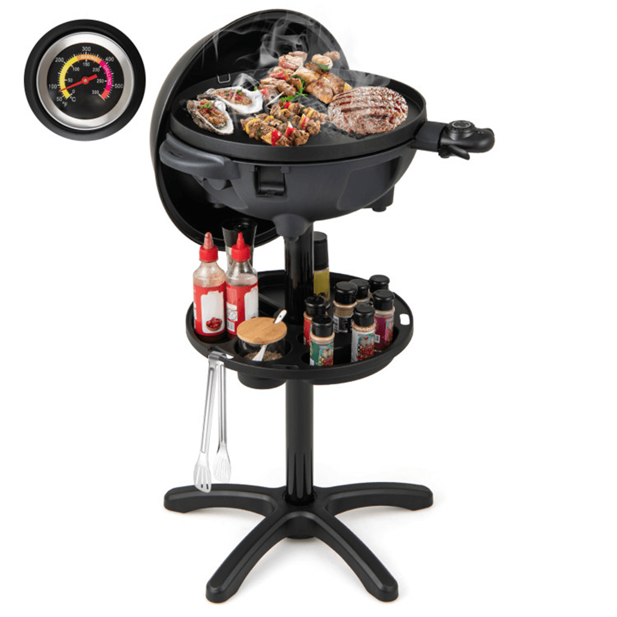 image-Black Electric BBQ Grill 1200W Double-Zone 205 sq.in