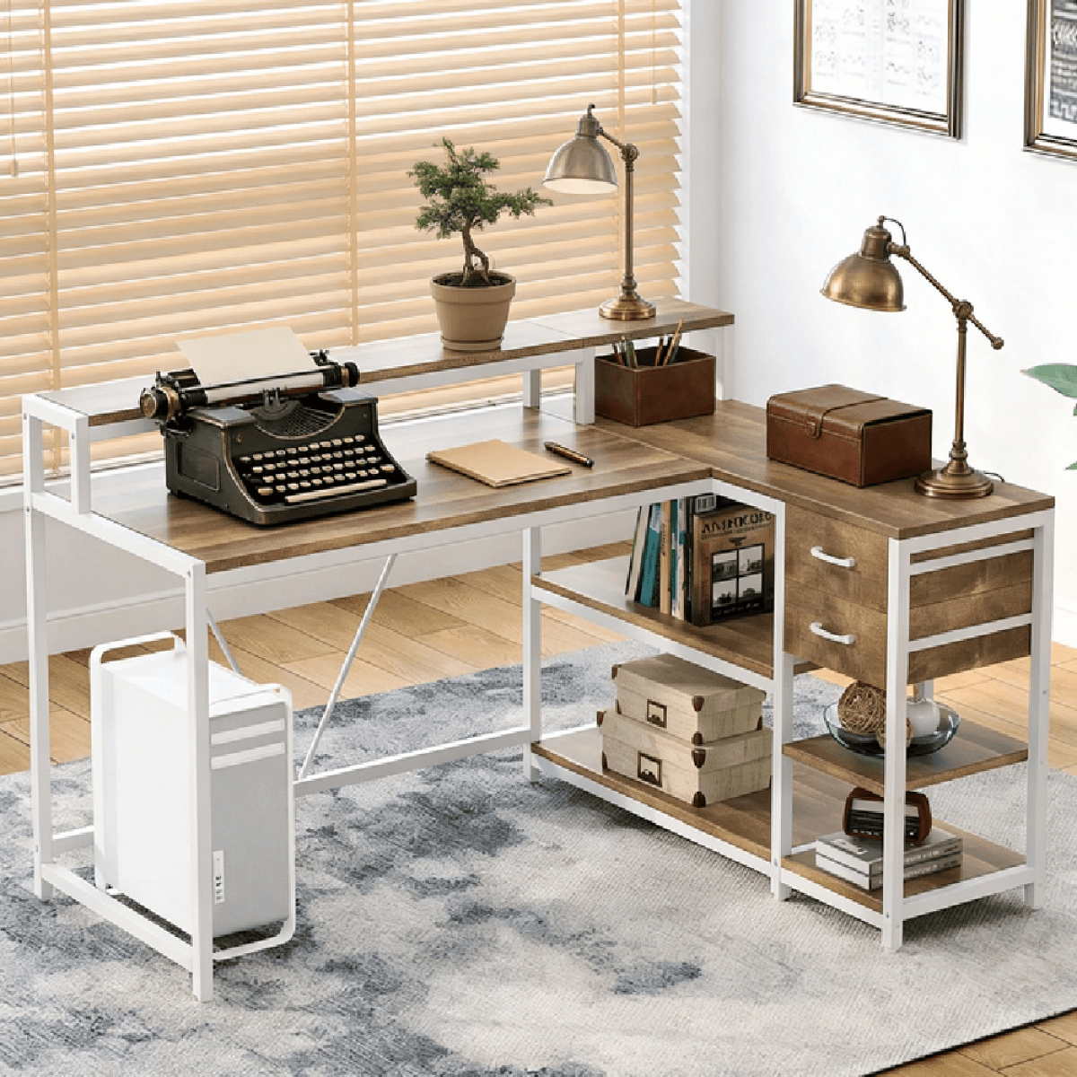 image-Office Desk - L-Shaped, Space-Saving, Ample Storage, Dual Monitor Stand