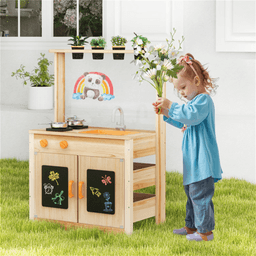 image-Kids Outdoor Mud Kitchen Playset, Fir Wood, Sink/Stove, Utensils & Chalkboard