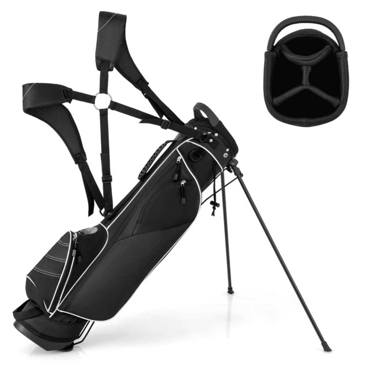 image-Golf Stand Bag - Black 3-Way Dividers Polyester Lightweight Travel Bag