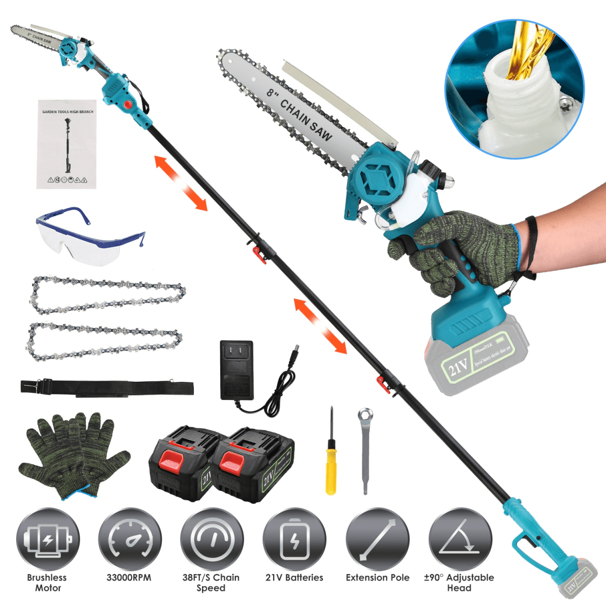 image-Cordless Pole Saw & Chainsaw, 1200W Motor, 13FT Reach, 2x 3000mAh Batteries, Safety Kit