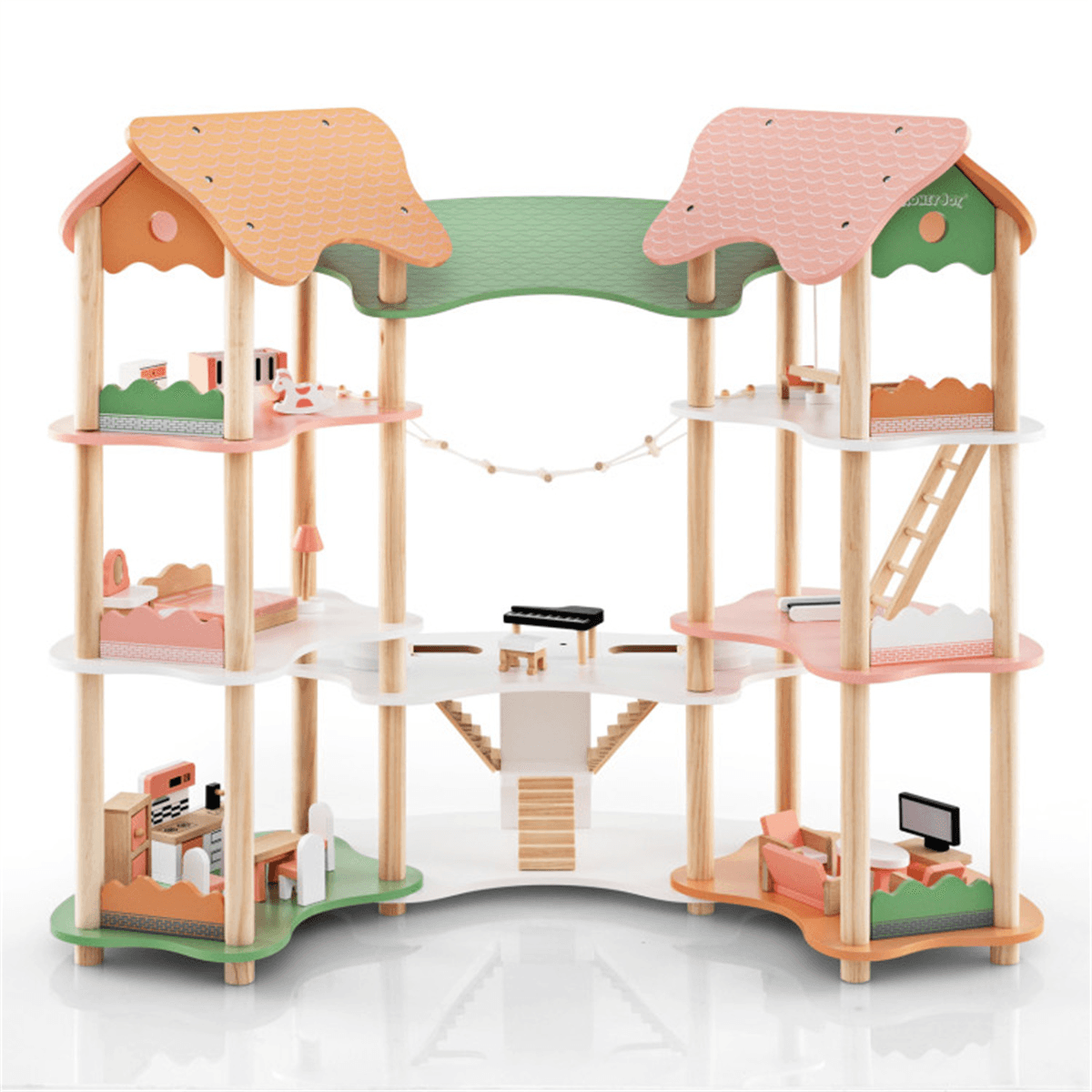 image-3-Tier Dollhouse with 7 Rooms & 31 Furniture, Corner MDF+Pine Wood Toy