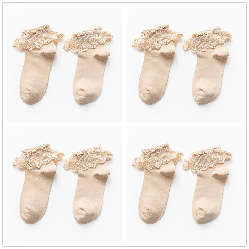 image-4 pairs Lolita Women Harajuku Retro Lace Short Ankle Socks JK Frilly Ruffle Cotton Princess Girls Soft Wedding Dance White