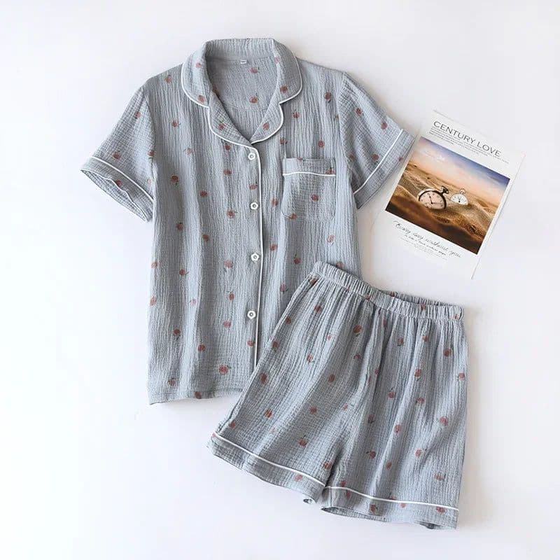image-2025 Summer Ladies Short-sleeved Shorts Pajamas Set 100% Cotton Crepe Cloth Thin Home Service Two-piece Spring And Autumn Loose