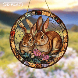 image-Acrylic Two Rabbits Floral Stained Glass Suncatcher - Garden Decor 20x20cm