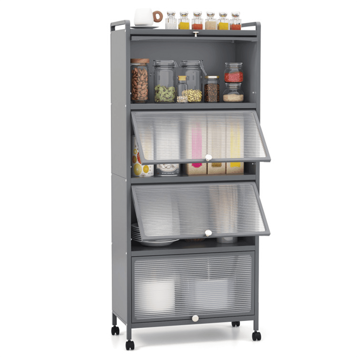 image-5-Tier Rolling Microwave Stand - Gray 60.5" with Wheels