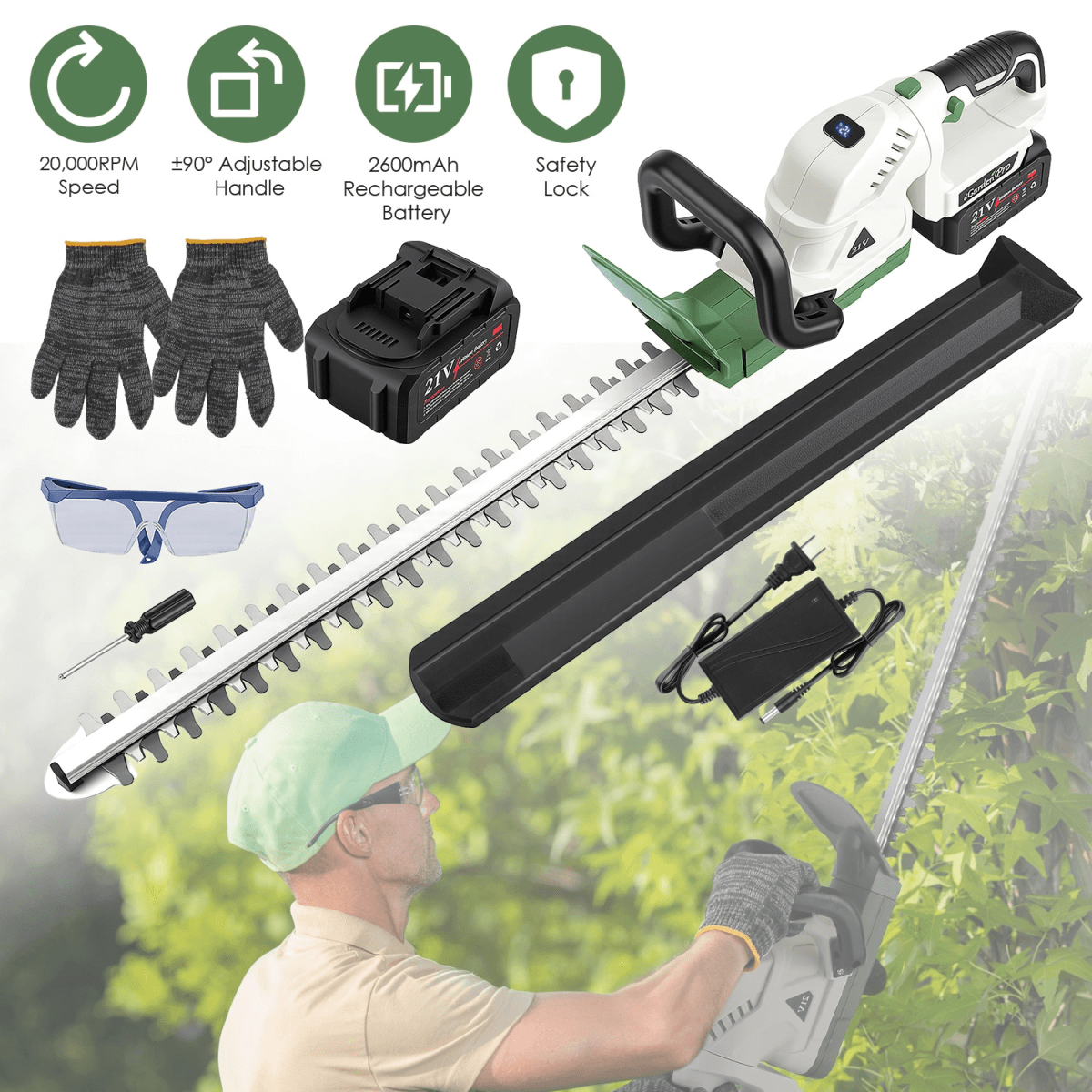 image-Cordless Hedge Trimmer, 20000 RPM, 2600mAh, Dual-Action Steel Blade, Safety Goggles