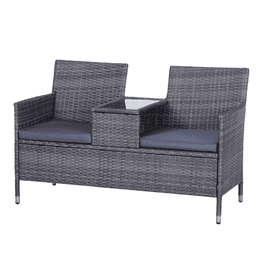 image-2-Seater PE Rattan Outdoor Garden Bench w/ Centre Table
