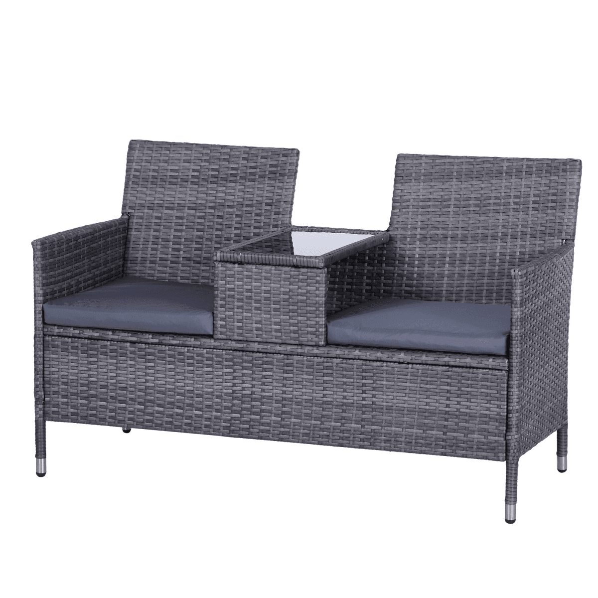 image-2-Seater PE Rattan Outdoor Garden Bench w/ Centre Table
