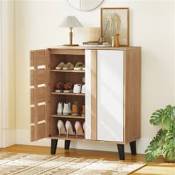 image-Farmhouse Shoe Cabinet - 29.5" Natural+White 4-Tier Adjustable Shelves