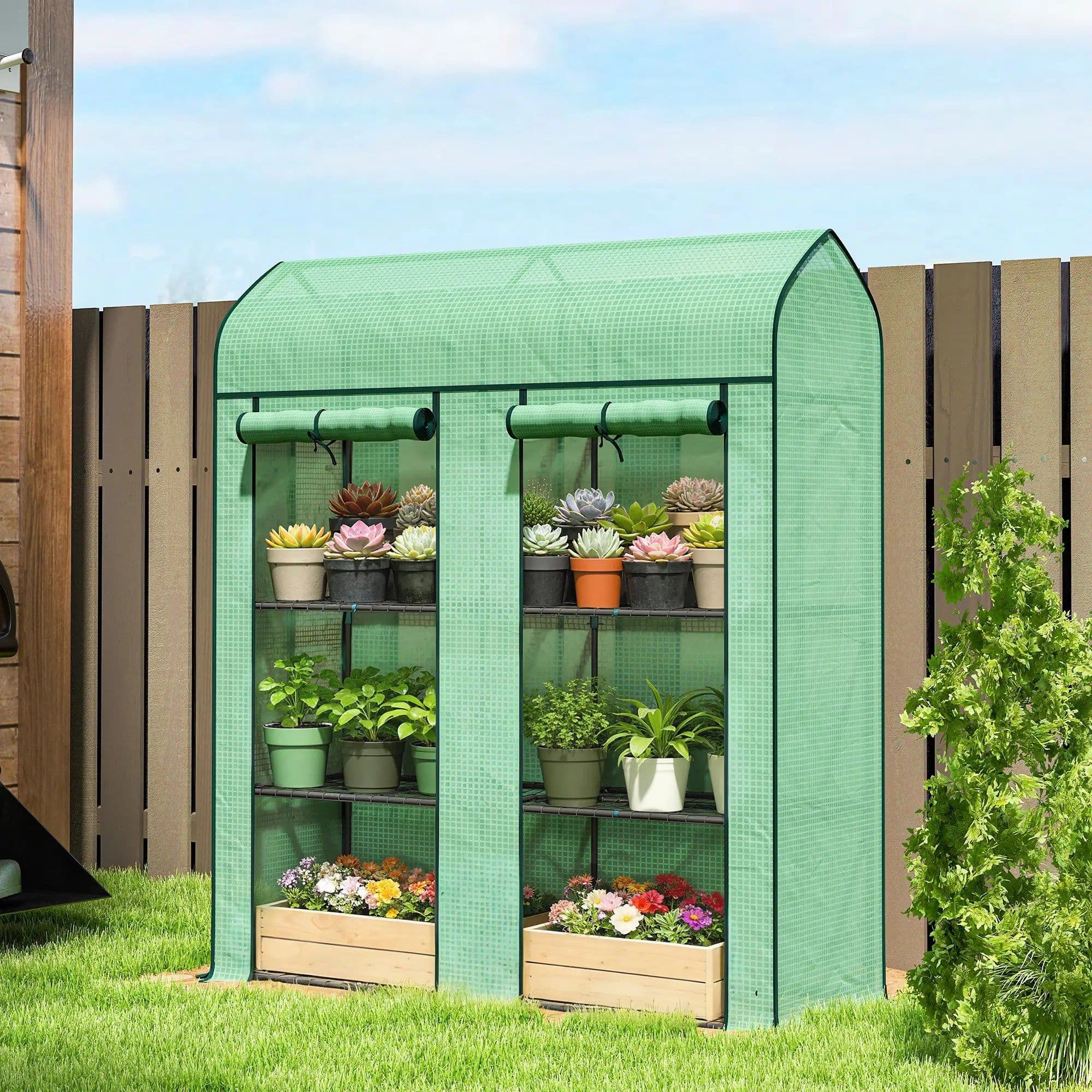 image-Garden Bed Mini Greenhouse - Green Steel, 56"x18"x65"