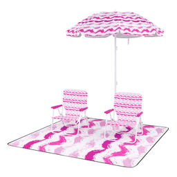 image-4-Piece Beach Set - 6.2ft Umbrella, 2 Chairs & Blanket Pink