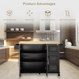 image-Kitchen Island & Cart - Rubber Wood, Big Adjustable Shelf, 54x18x36" Black