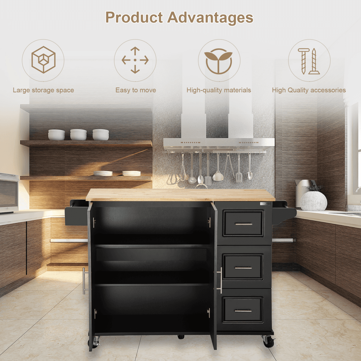 image-Kitchen Island & Cart - Rubber Wood, Big Adjustable Shelf, 54x18x36" Black