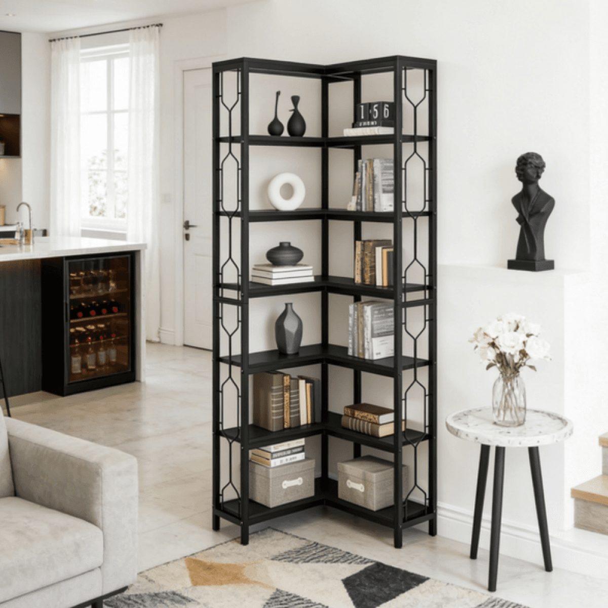 image-Tall 7-Tier Hexagonal Corner Bookshelf - Space-Saving Storage