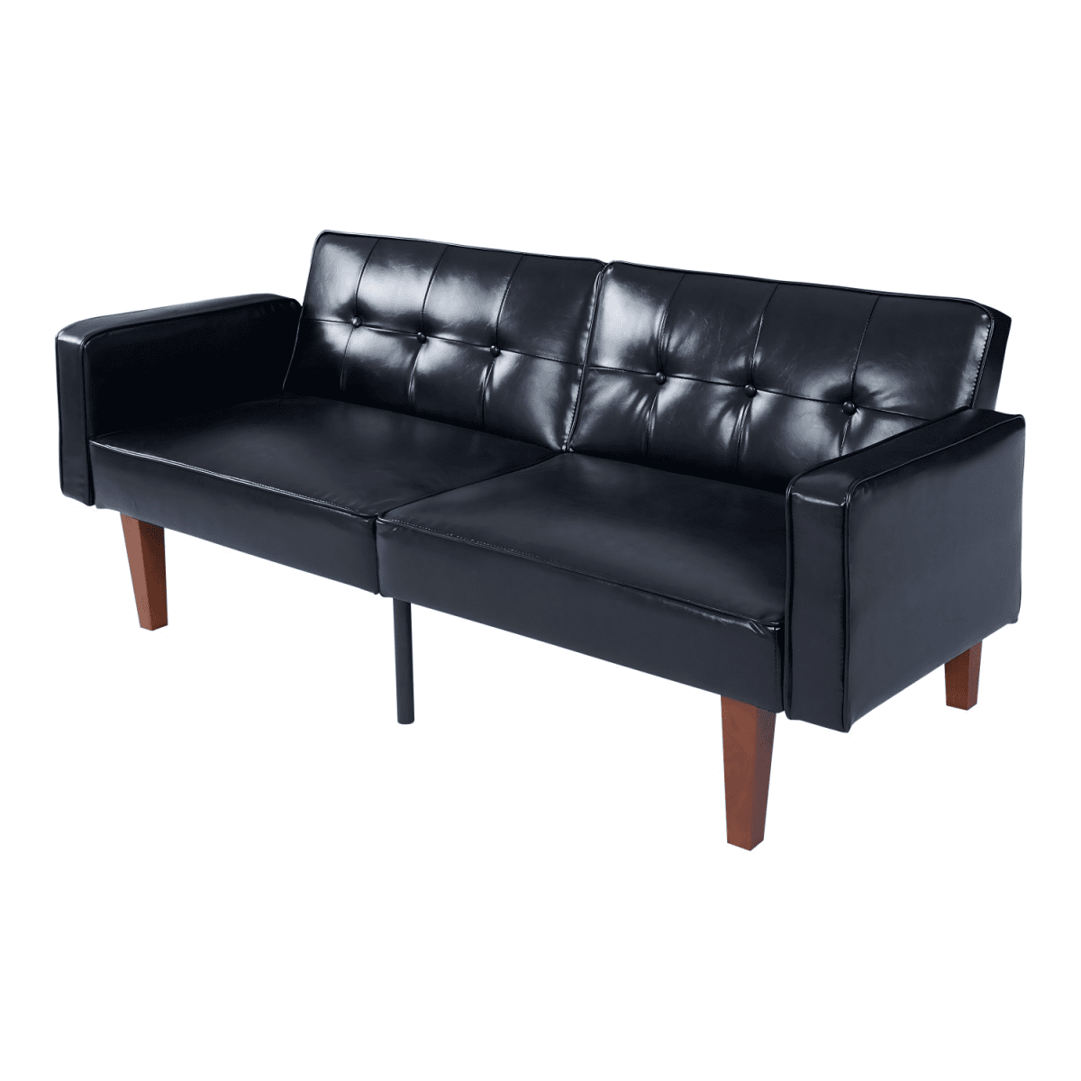 image-Modern PU Leather Futon Sofa with Tufted Backrest, Adjustable Reclining Couch with Wood & Metal Legs, Mid-Century Style Sofa for Living Room