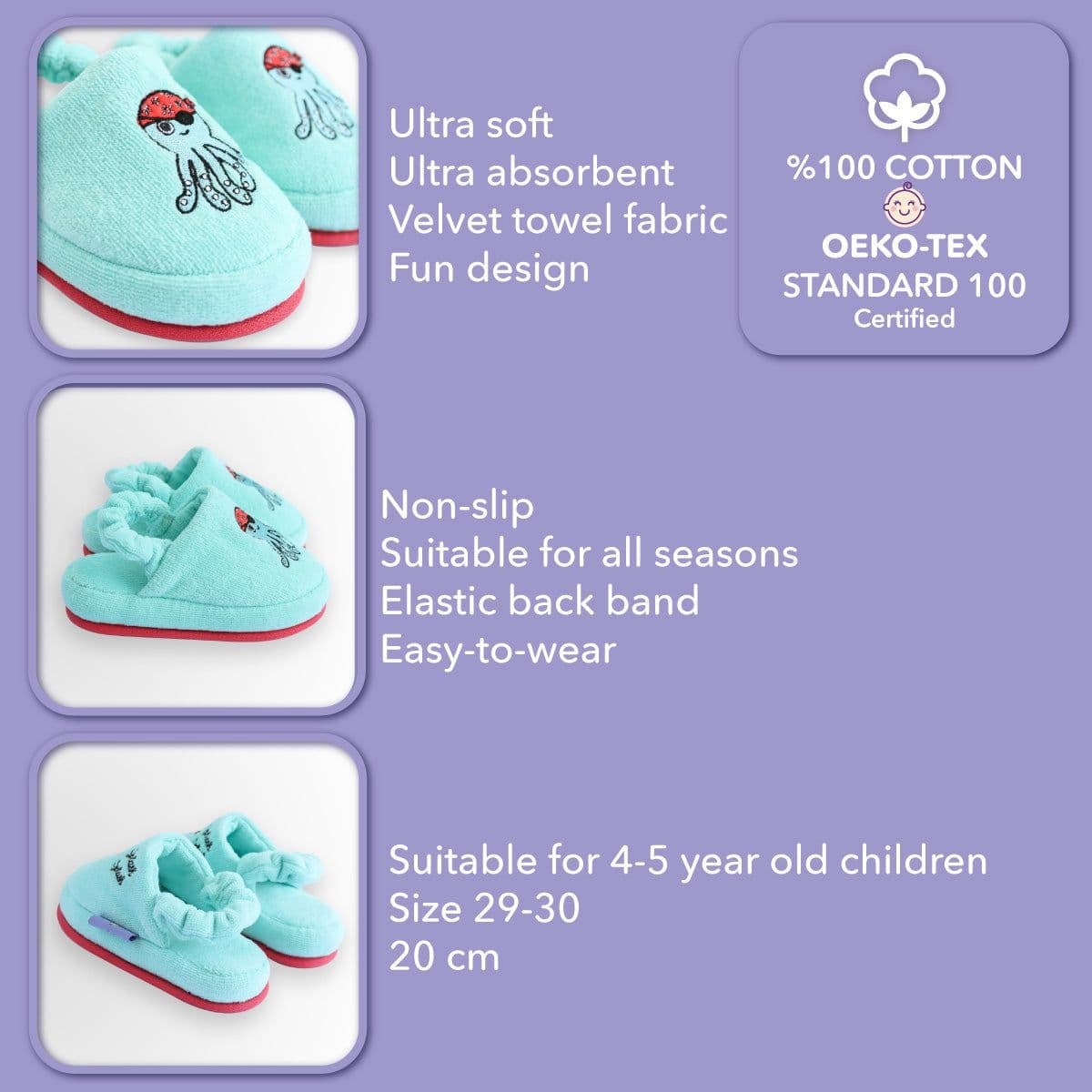 image-Milk&Moo Sailor Octopus Kinder Hausschuhe 4-5 Jahre alt, türkis