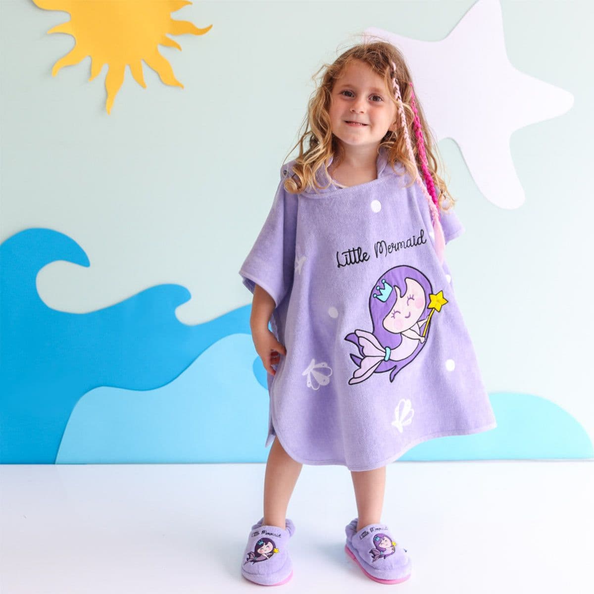 image-Milk&Moo Kinder Little Mermaid Poncho und Hausschuhe Set, Lila