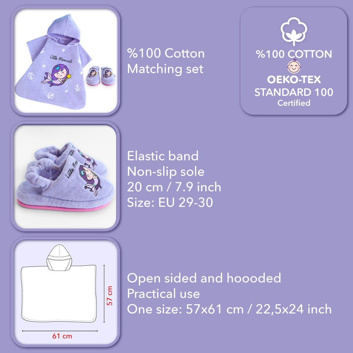 image-Milk&Moo Kinder Little Mermaid Poncho und Hausschuhe Set, Lila