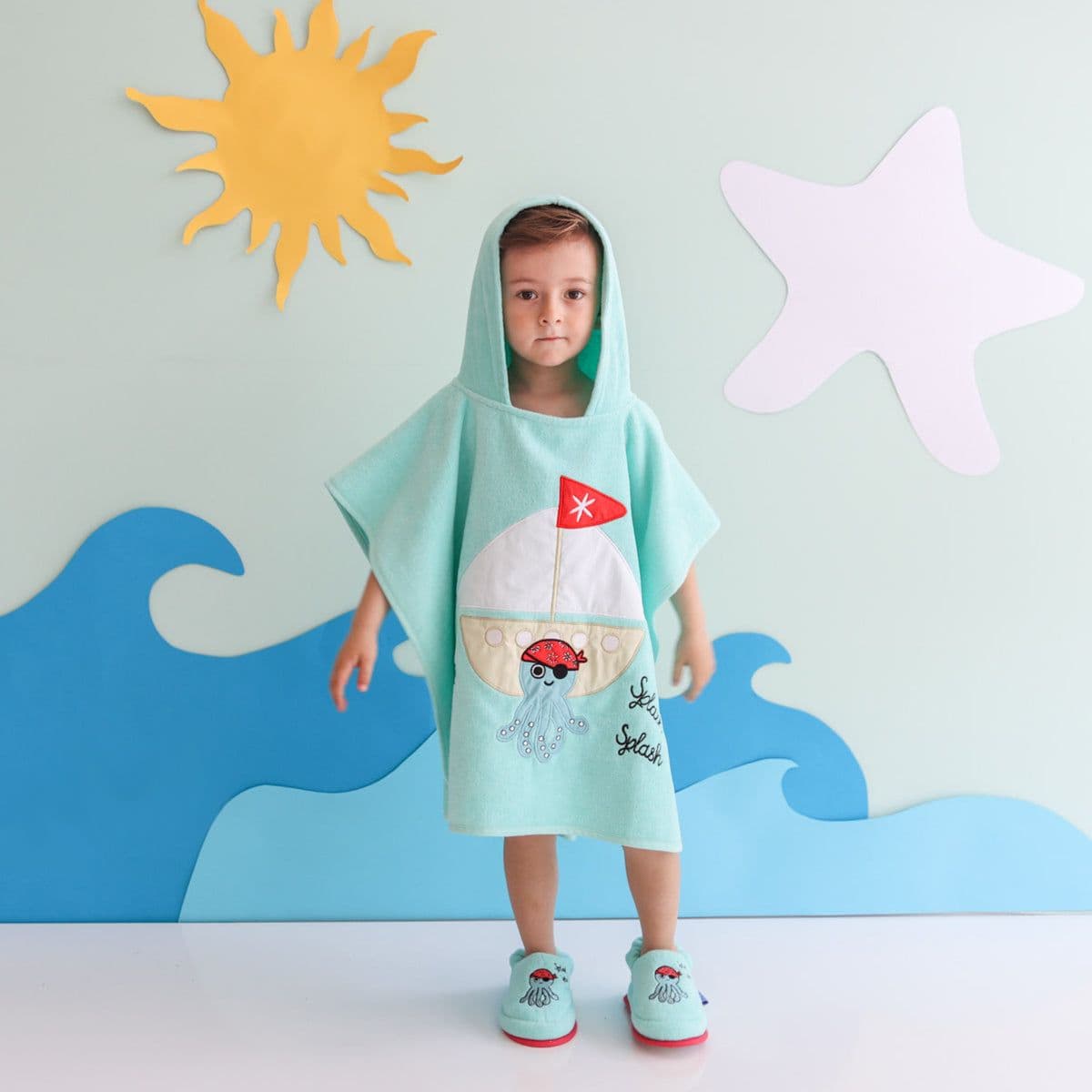image-Milk&Moo Kinder Sailor Octopus Poncho und Hausschuhe Set, Blau