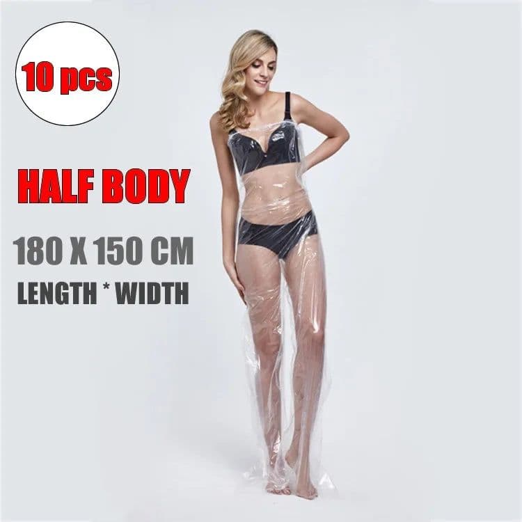 image-10Pcs/Pack Disposable Sauna Sweat Coverall Clear Waterproof PE Plastic Body Suit Weight Loss Sauna Wholesale For Beauty Salon
