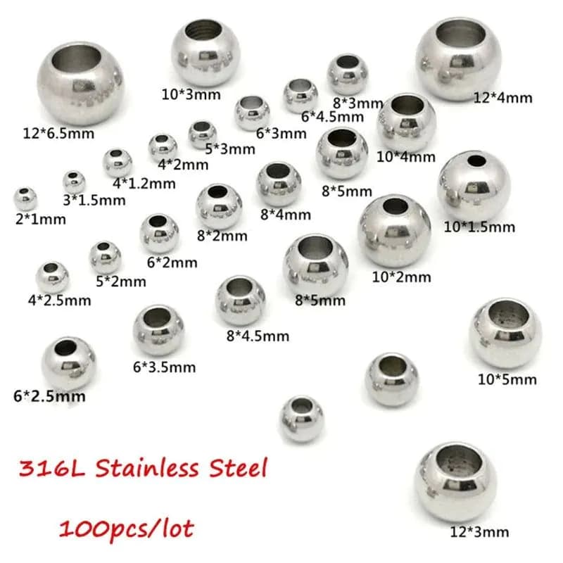 image-100pcs 2 mm-12 mm 316L Stainless Steel Beads European Ball Metal Big Hole Spacer Beads for Jewelry Making Diy Bracelet Necklace