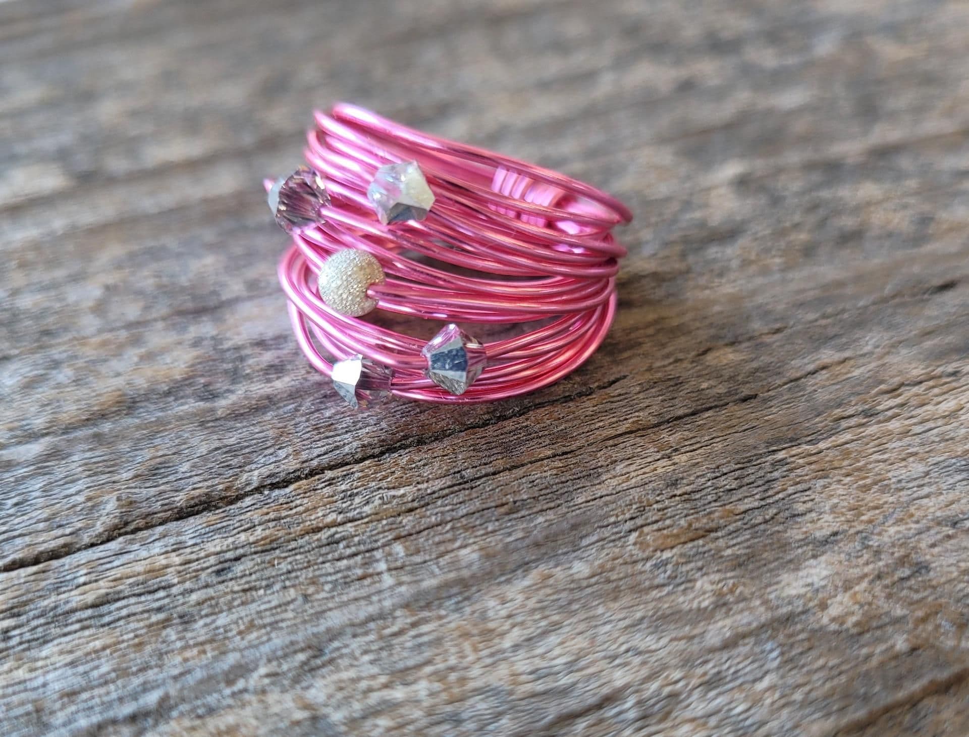 image-Marcia Hot Pink Wire Wrap Ring with Grey Swarovski Crystals