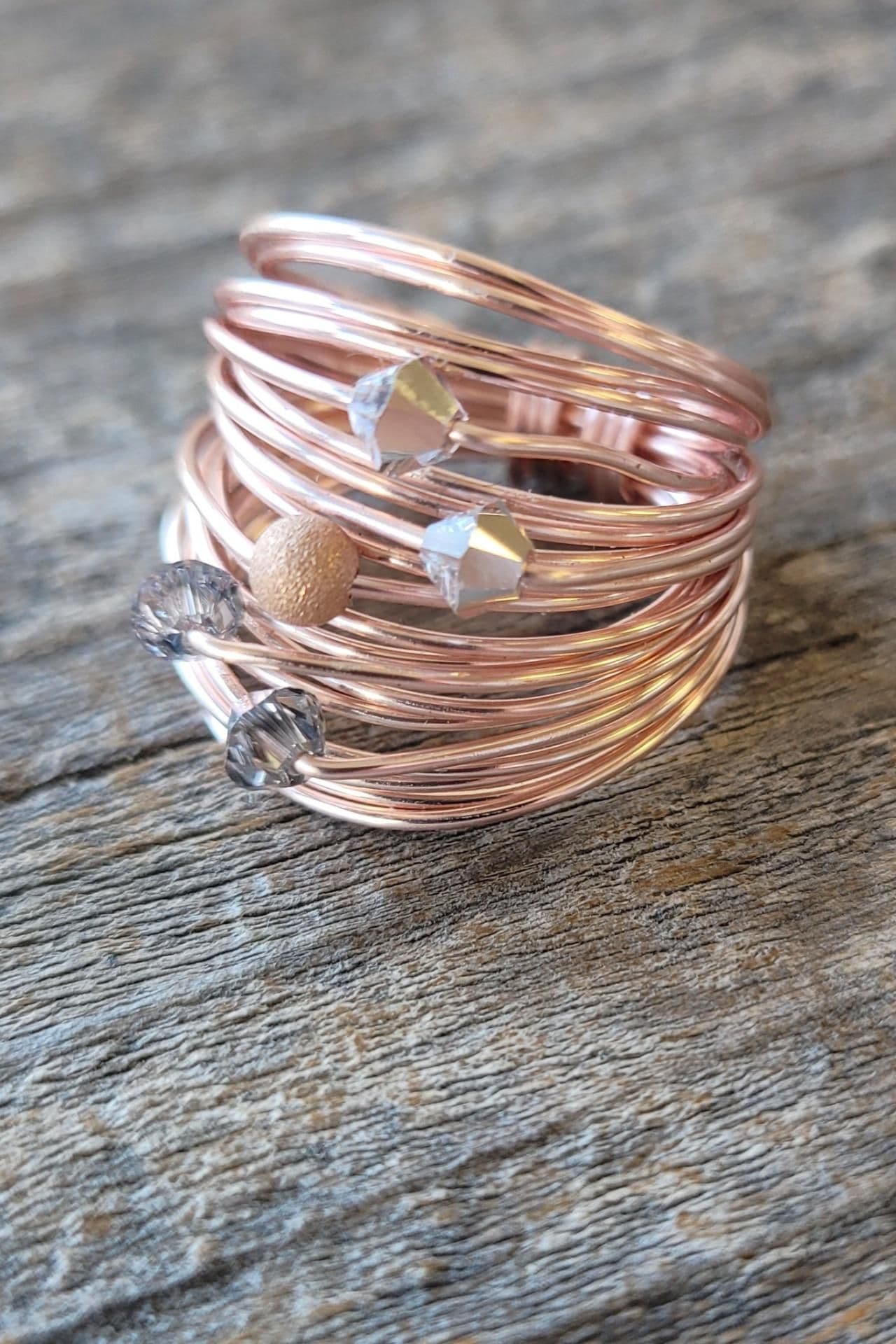 image-Marcia Rose Gold Wire Wrap Ring with Grey Swarovski Crystals
