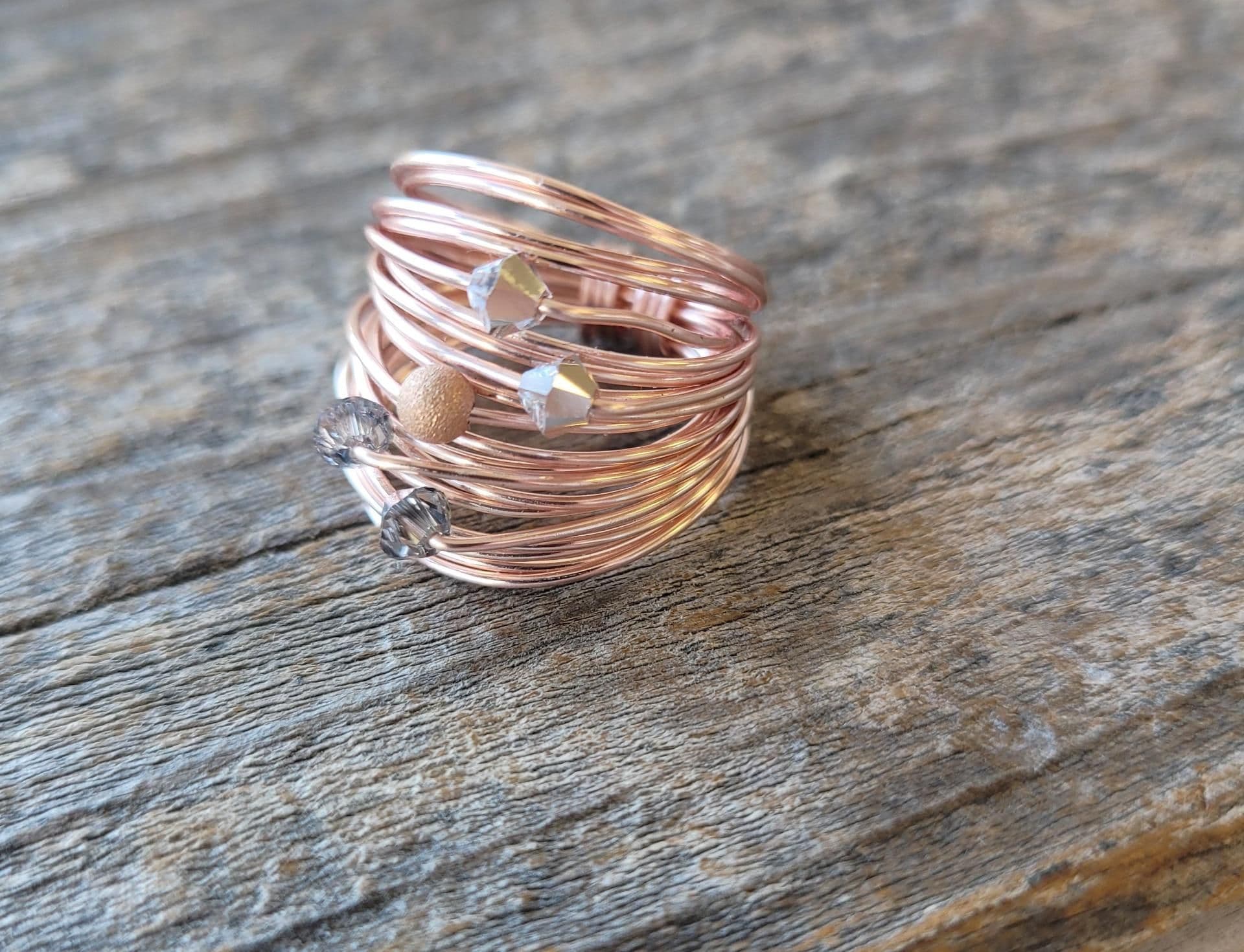 image-Marcia Rose Gold Wire Wrap Ring with Grey Swarovski Crystals