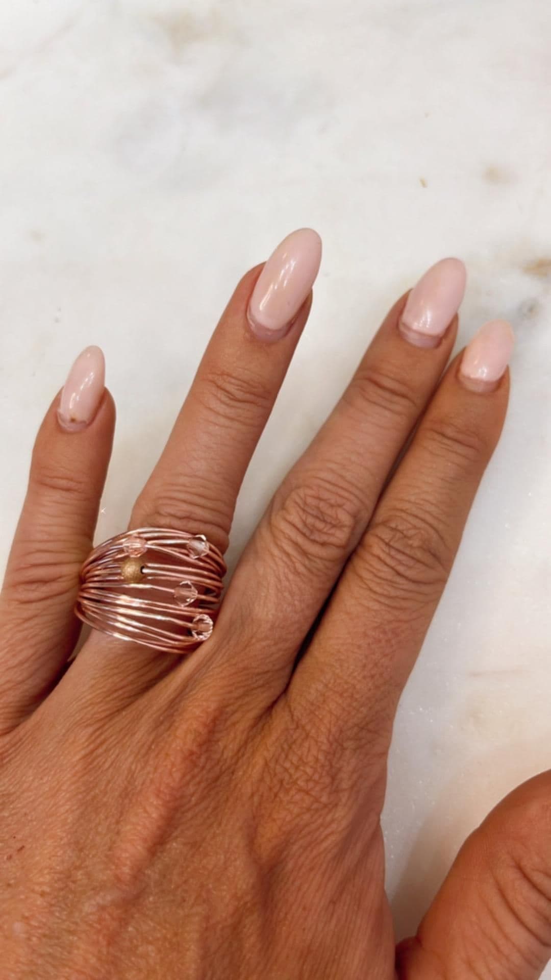 image-Marcia Rose Gold Wire Wrap Ring with Light Pink Swarovski Crystals