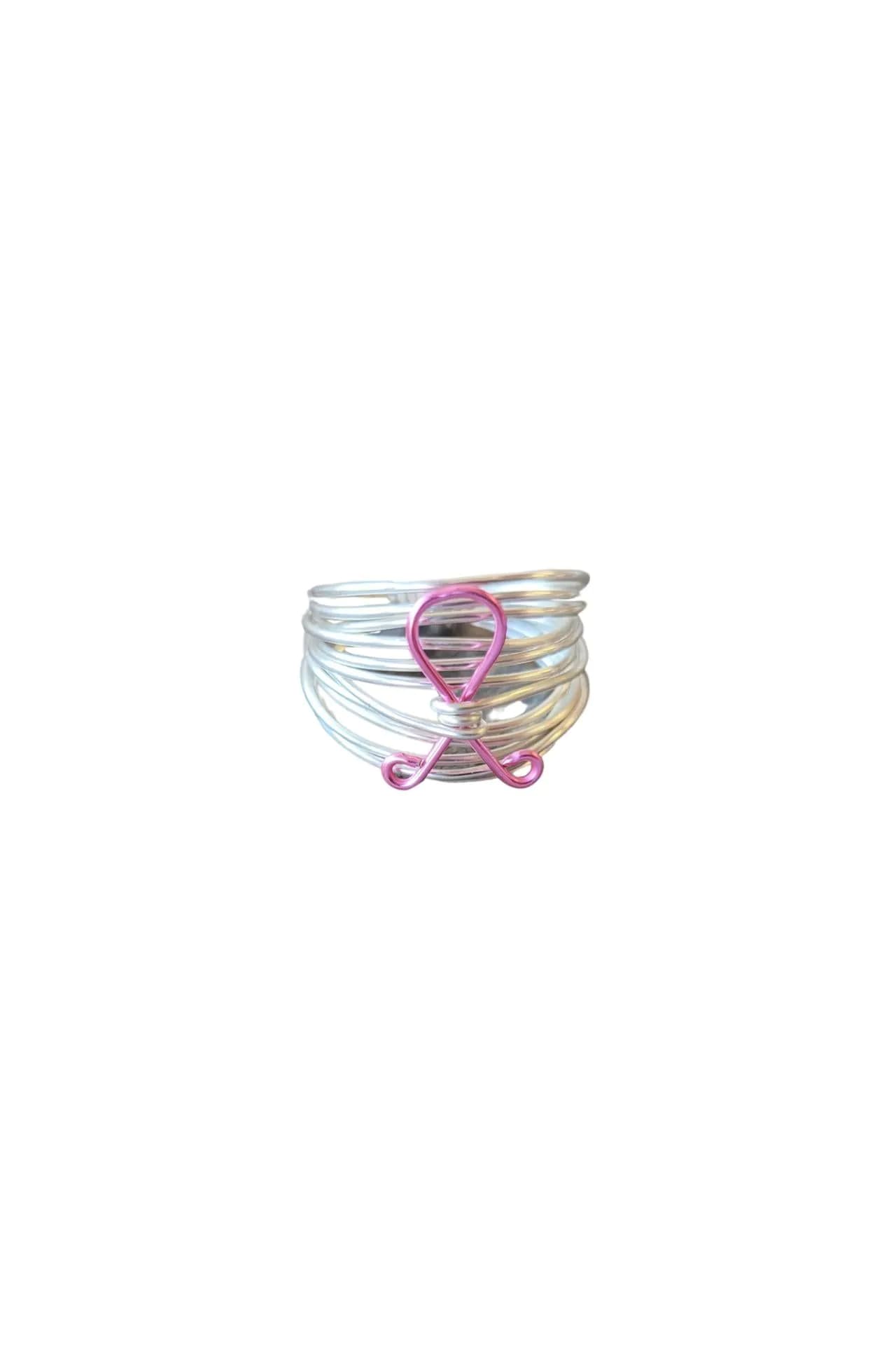 image-Marcia Silver Wire Wrap Ring with Breast Cancer Ribbon
