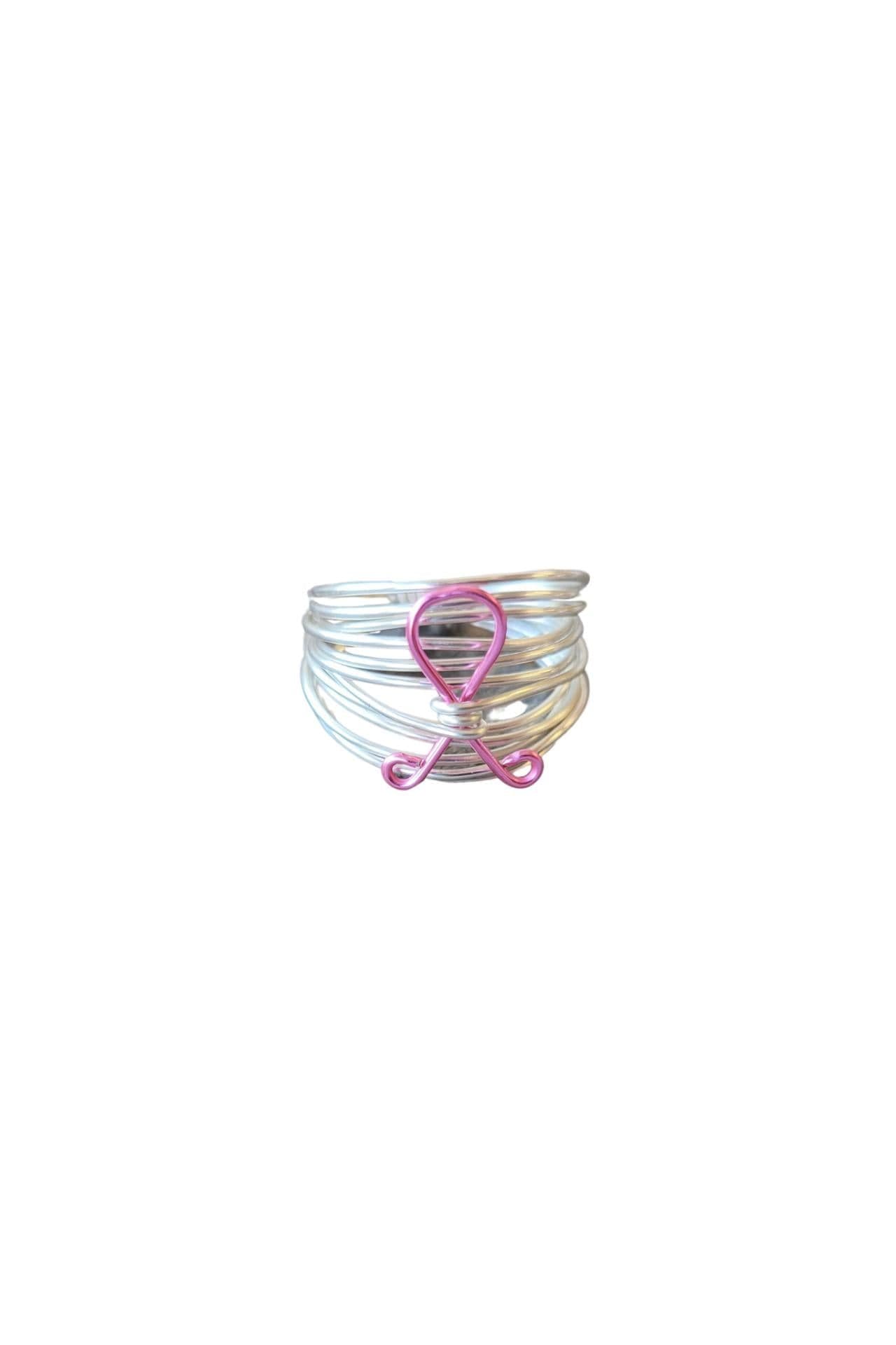 image-Marcia Silver Wire Wrap Ring with Breast Cancer Ribbon