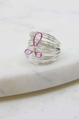 image-Marcia Silver Wire Wrap Ring with Breast Cancer Ribbon