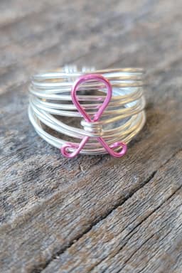 image-Marcia Silver Wire Wrap Ring with Breast Cancer Ribbon