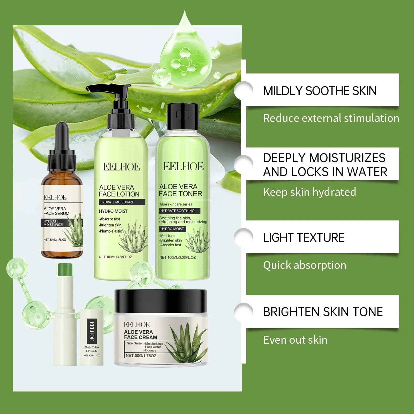 image-Eelhoe Aloe Vera Skin Care Series Fade Fine Lines Light Weight Improving Elasticity Nourishing Hydrating Facial Moisturizing Set