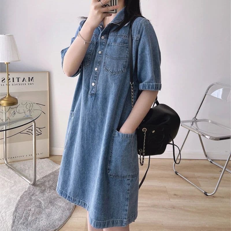 image-Women's Vintage Polo Neck Knee Length Denim Dress, Korean Cargo Baggy, Straight Half Sleeve Pocket Shirts, Jeans Dresses, Summer