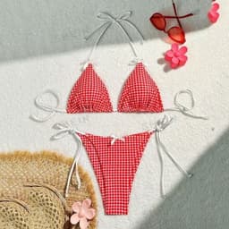 image-Red Plaid String Halter thong Micro Bikini for Women Mini Swimwear Lace-up Sexy Swimsuit Bathing Suit Triangle Bikinis Sets 2025