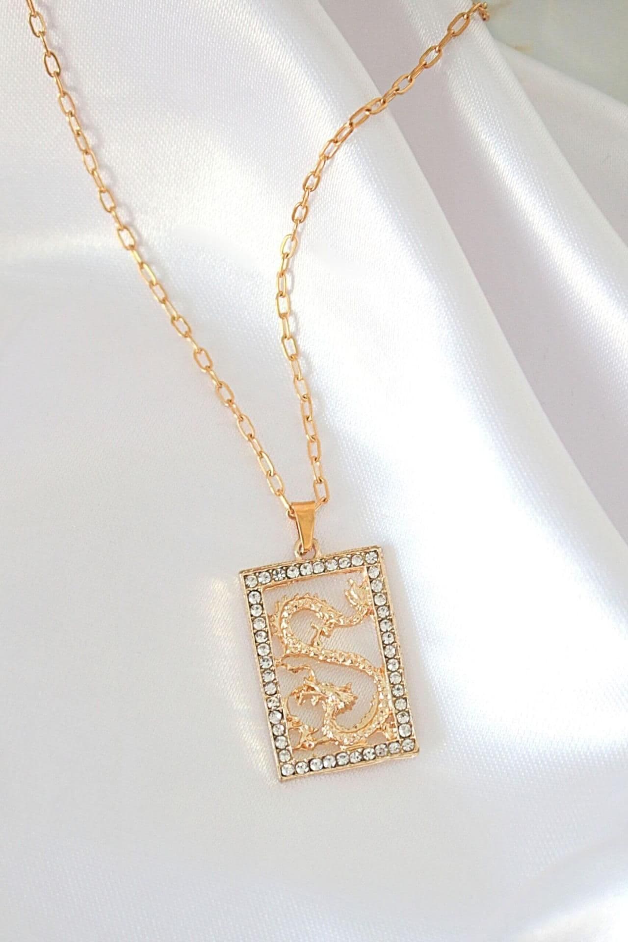 image-24K CZ Chinese Dragon Necklace