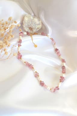 image-"Luau Party" | Natural Strawberry Quartz Crystal & Freshwater Pearls Choker