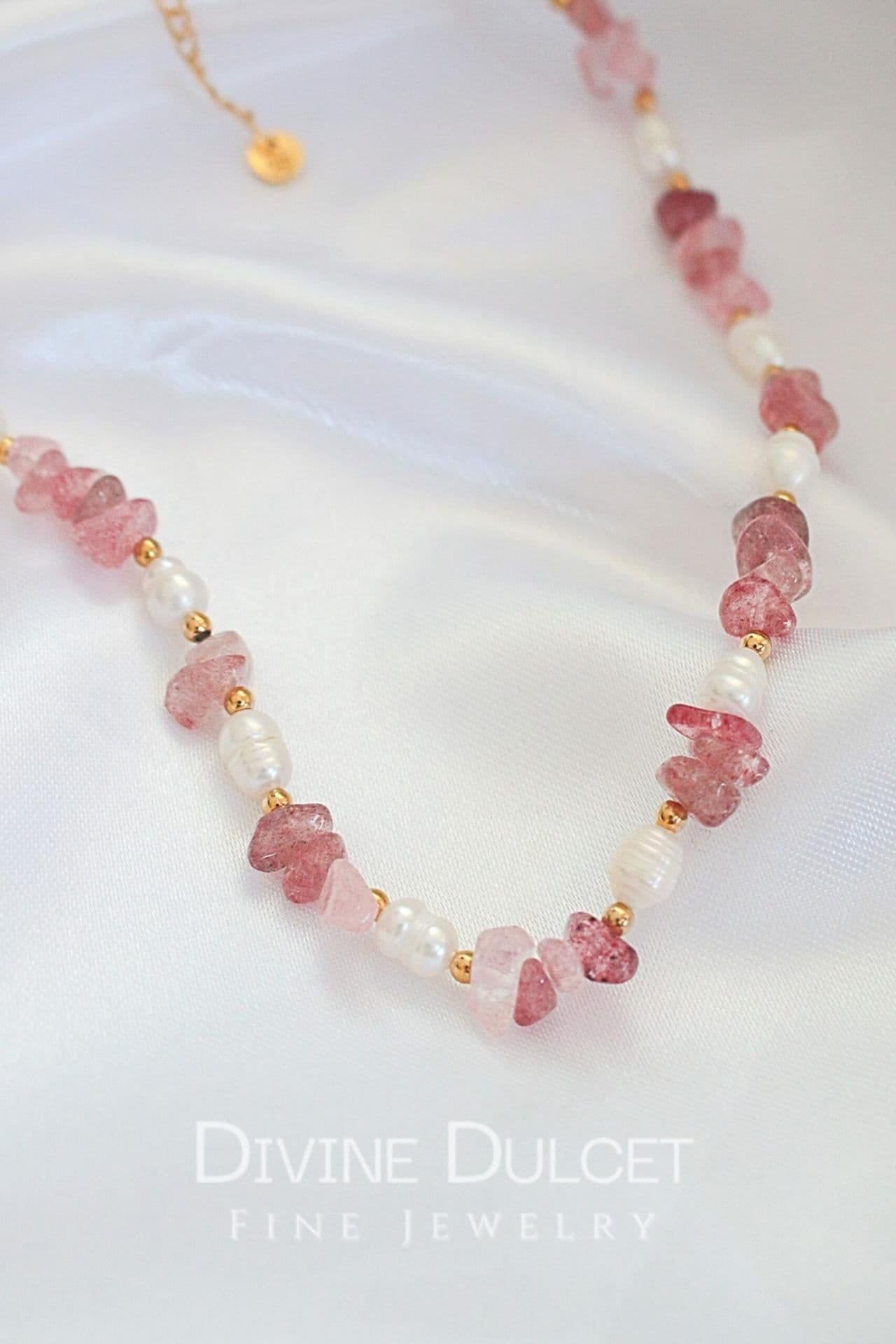 image-"Luau Party" | Natural Strawberry Quartz Crystal & Freshwater Pearls Choker