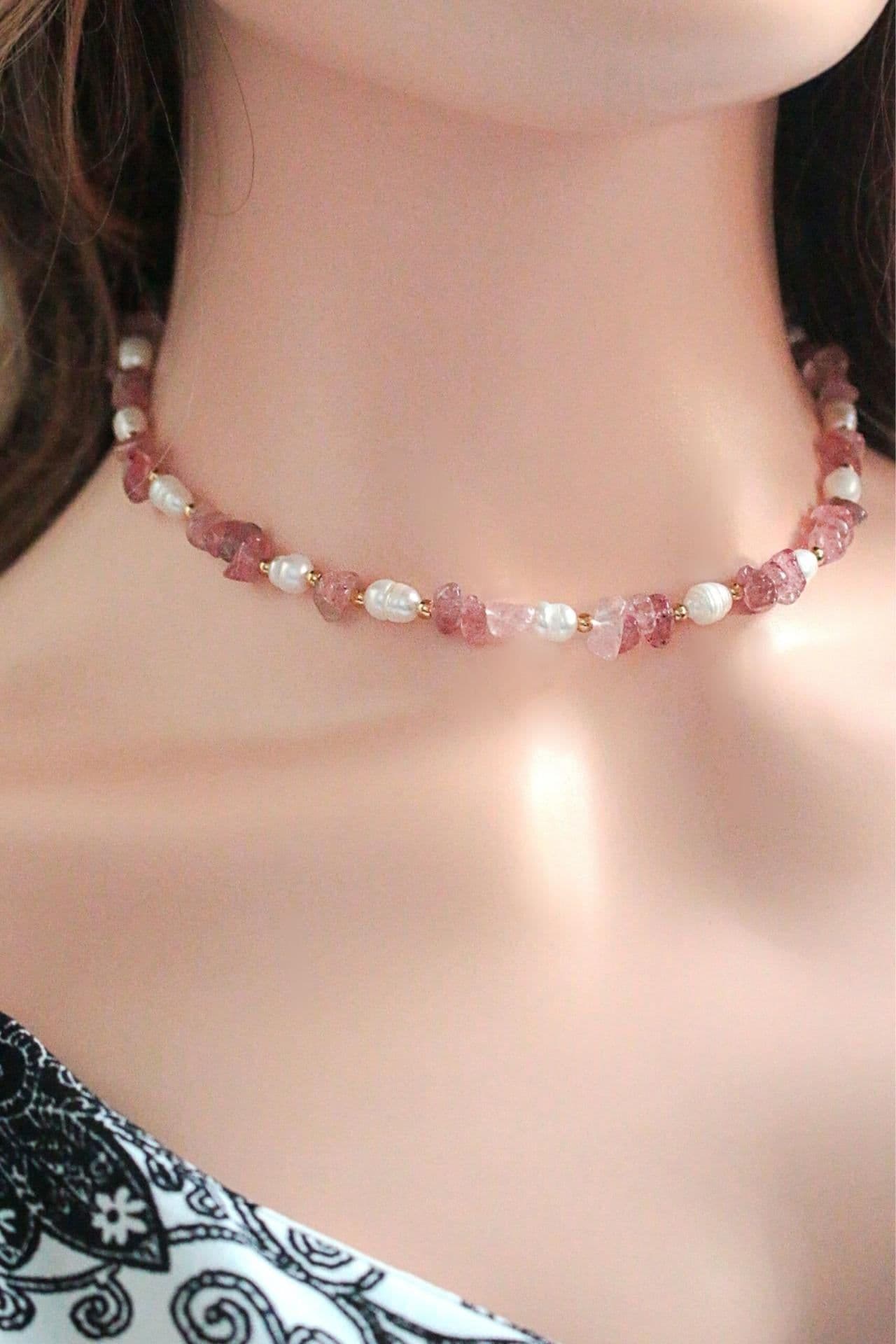 image-"Luau Party" | Natural Strawberry Quartz Crystal & Freshwater Pearls Choker