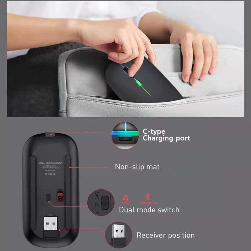 image-Wireless Mouse Bluetooth and 2.4GHz Dual Modes Rechargeable RGB Ergonomic Silent Click for PC iPad Laptop Cell Phone TV