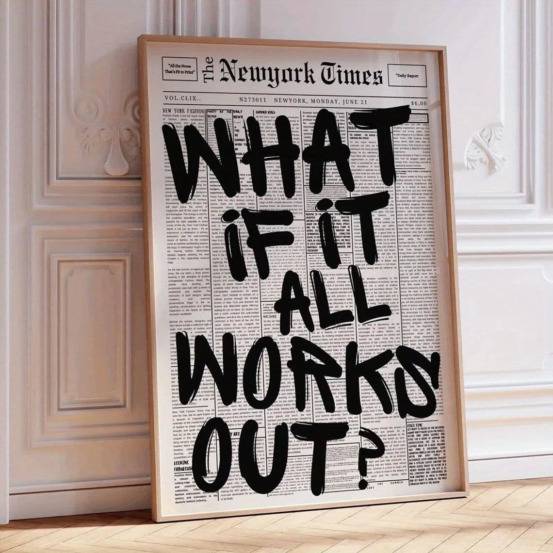 image-1PCS Modern Poster - "What If Everything Goes Well?" Black Positive Quote Printed on Newspaper Background, Decorative Poster