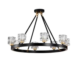 image-Matte Black + Gold Wagon Wheel Chandelier Farmhouse Modern Small Crystal Round Chandelier for Living Room Kitchen Island Foyer H
