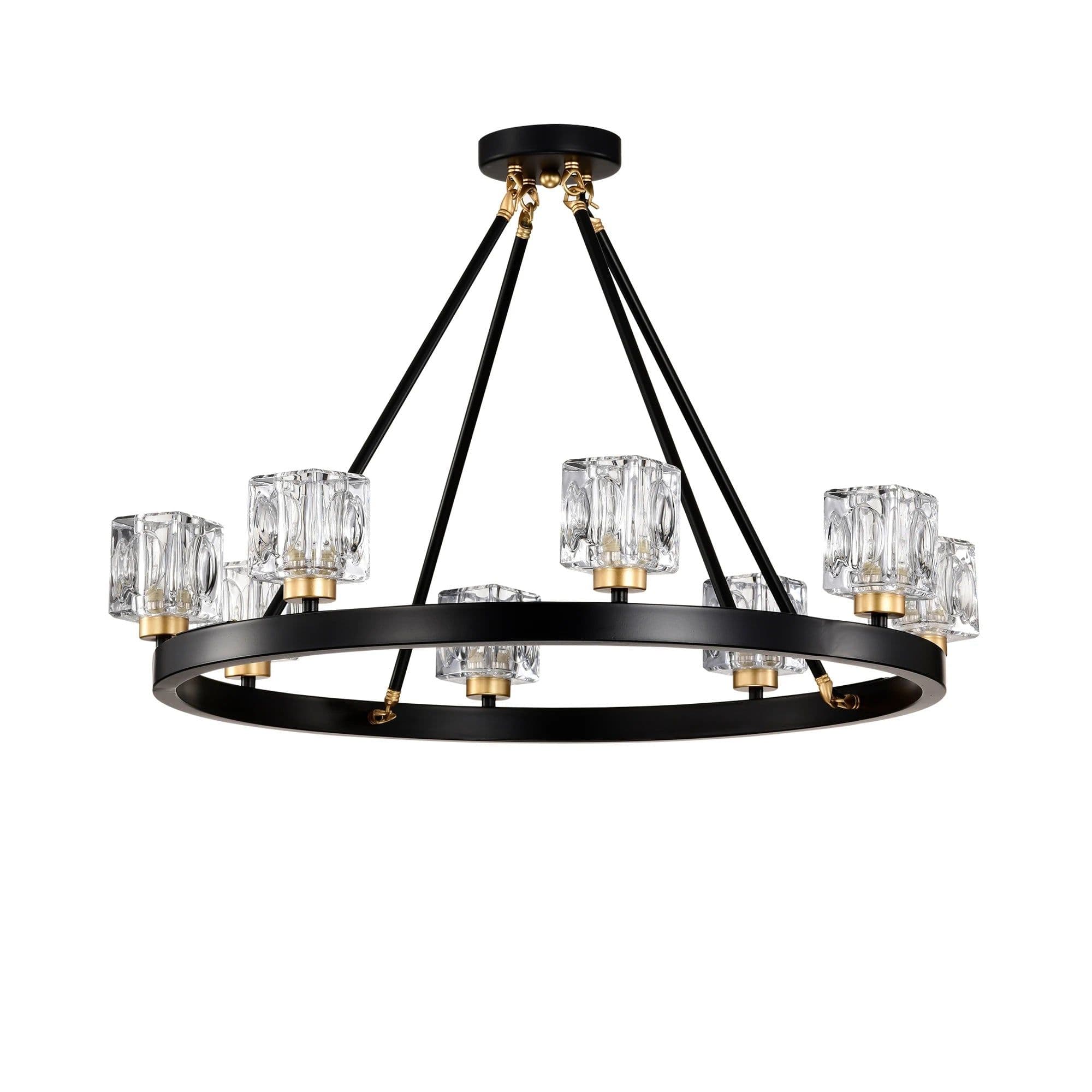 image-Matte Black + Gold Wagon Wheel Chandelier Farmhouse Modern Small Crystal Round Chandelier for Living Room Kitchen Island Foyer H