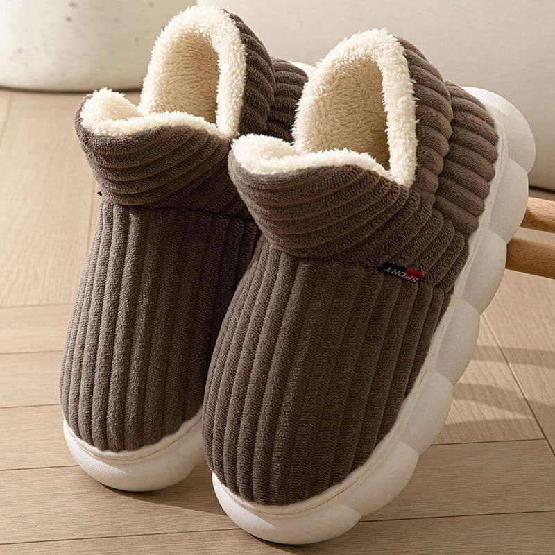 image-Women's Slippers - Brown Stripe Plush Indoor House Shoes