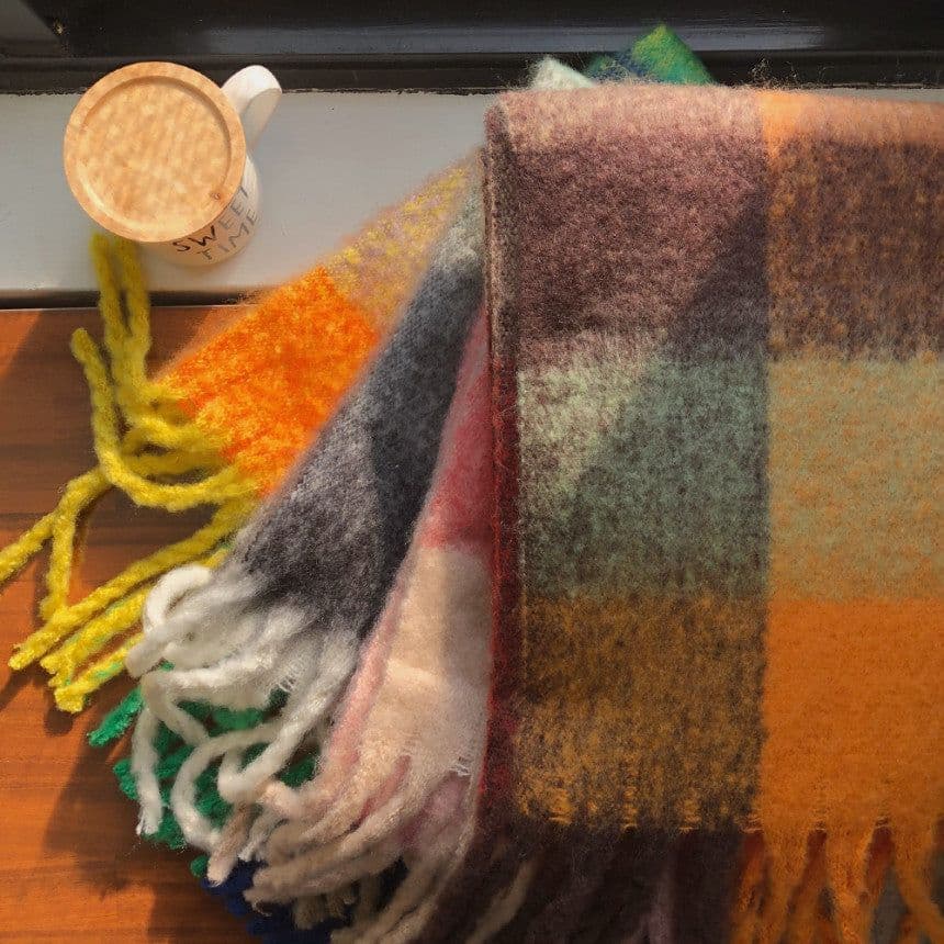 image-Plaid Knit Scarf - Blue Rose White 240x35cm Warm
