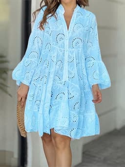 image-V-Neck Midi Dress - Blue Lace Embroidery Loose