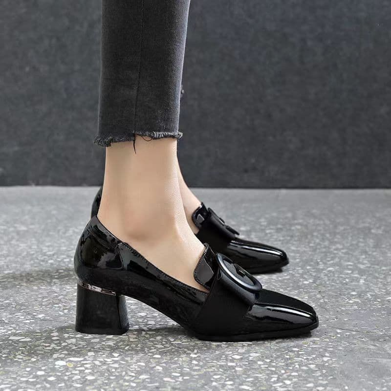 image-Women's PU Leather Square Toe Chunky Heel Shoes - Khaki