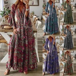image-Bohemian V-Neck Trumpet Sleeve Holiday Dress Floral Long Skirt - 2023